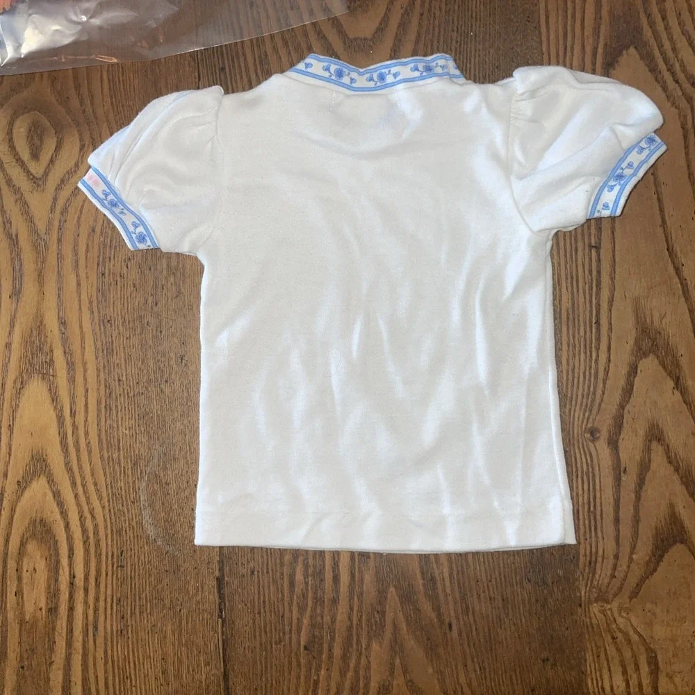 Vintage OshKosh‎ B'Gosh Girls Shirt 6-9 Months Blue Floral trim at neck and arms